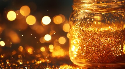 Glitter Jar. Sparkling Gold Glow Glass Jars filled with Golden Shine Whiskey