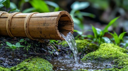 Serene Bamboo Water Feature Flowing Gently Through Lush Greenery Nature Photography Tranquil Environment Close-up View
