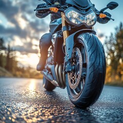Sport. Biker standing near the motorcycle on an empty road at sunny day. Close view on legs