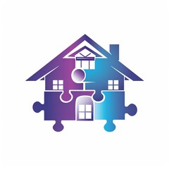 Abstract Jigsaw Puzzle House Logo &ndash; Modern Real Estate and Construction Symbol in Vibrant Blue and Purple