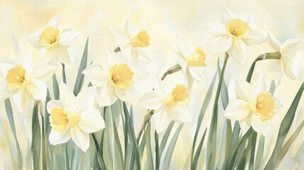 Obraz premium A delicate watercolor painting of sun-kissed daffodils in soft yellow and white hues, their slender green stems swaying gently
