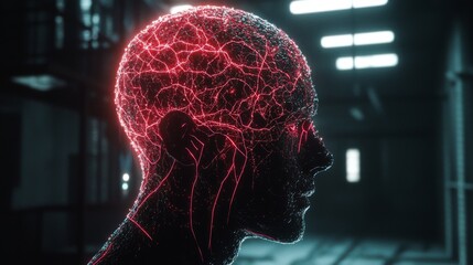 Futuristic digital human brain with glowing neural connections in a dark, atmospheric environment for technology concepts