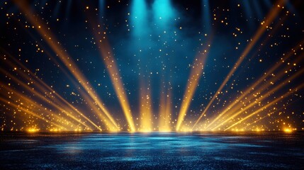 Dynamic golden and blue light beams create an atmospheric backdrop for events and performances