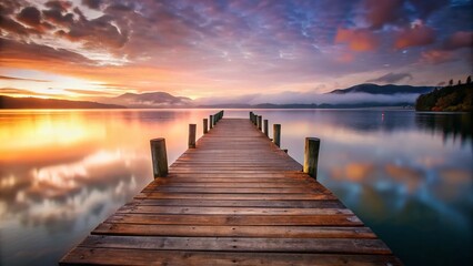 Obraz premium Misty Morning at Lake Taupo: Wooden Pier on Calm Water