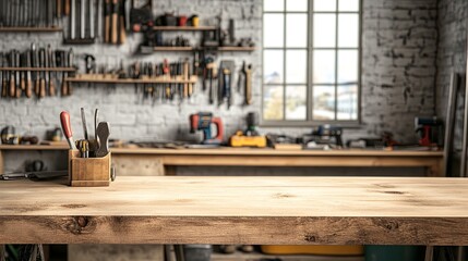 A clean wooden bench styled with tools for handyman services. background