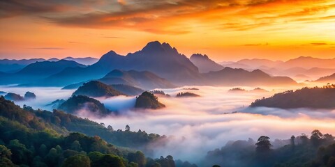 Naklejka premium Misty Mountain Sunrise: Blurred Landscape Photo