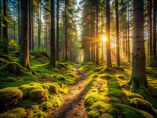 Obraz premium Misty Nordic Forest Trekking Trail: Scenic Path Through Lush Evergreen Woods