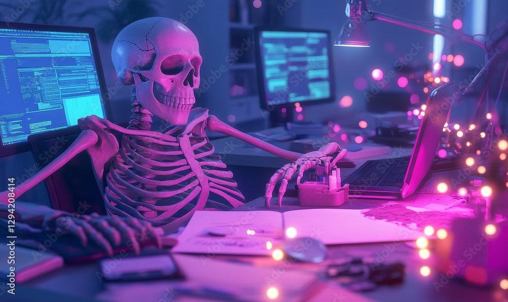 Poster skeleton works late at desk with computer.