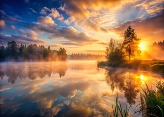 Misty River Dawn: Foggy Lake and Low Clouds Scenic View