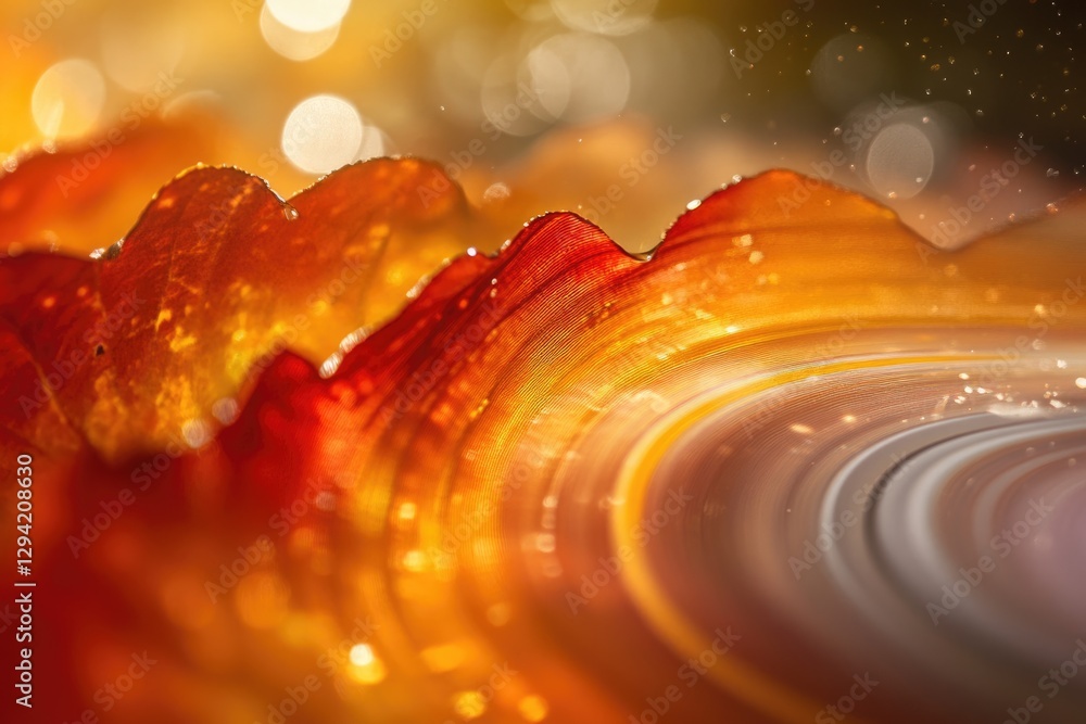 Poster abstract autumnal leaf texture, vibrant orange and red hues, illuminated with bokeh, creating a capt