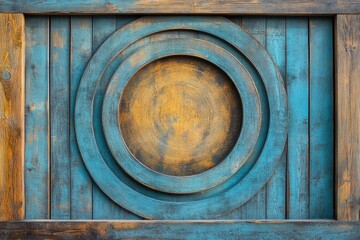 Rustic wooden wall art with concentric circles in teal and gold hues, showcasing aged texture and craftsmanship.
