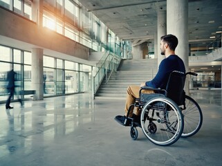 Obraz premium Young Man in Wheelchair in Modern Office Building