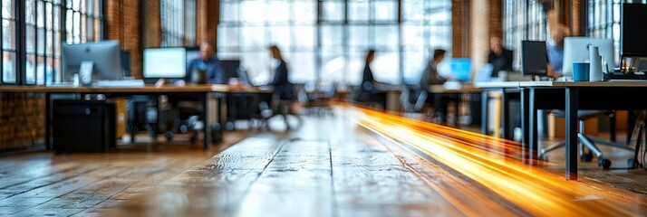 This photo captures a modern office space with several blurred figures of business professionals going about their work