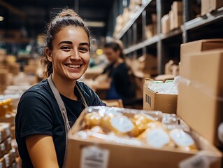 Happy worker in warehouse packing boxes