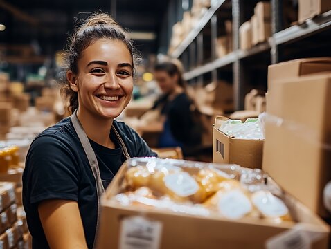 Happy worker in warehouse packing boxes