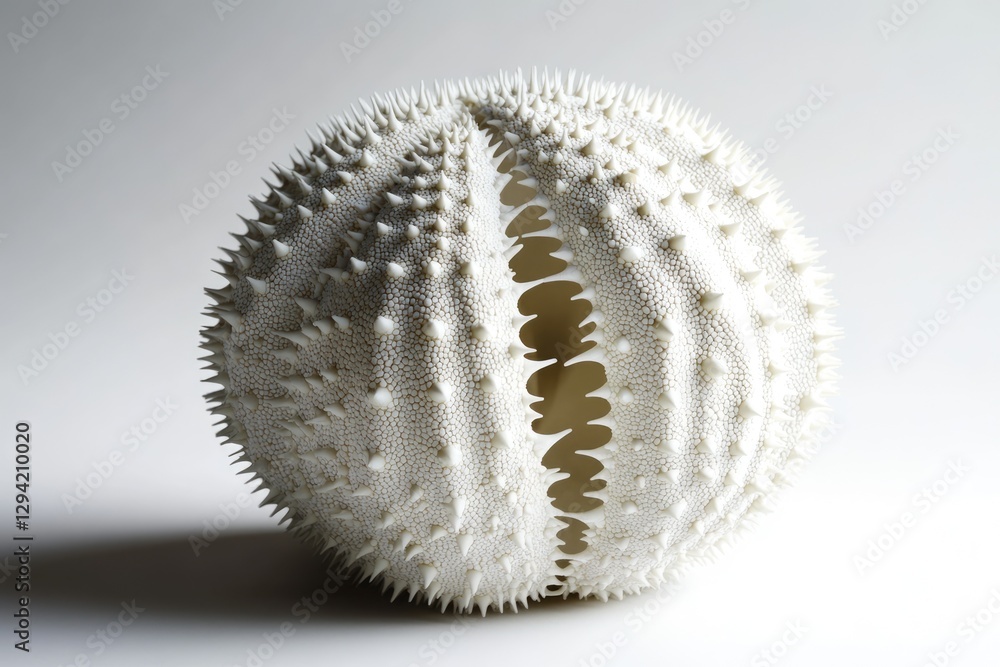 Poster a white, spiky sea urchin-like object with a textured surface and a split down the middle.