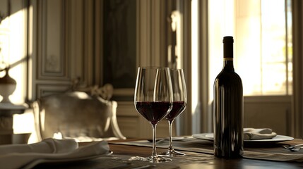 A luxurious bottle of red wine with two glasses on a dining table ready for serving digital