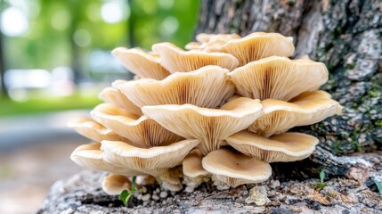 Cluster of Pale Oyster Mushrooms Growing on Tree Bark in Lush Green Park Setting Nature Photography Close-Up View