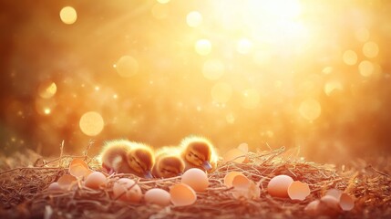 a group of newborn ducklings hatching from egg shell