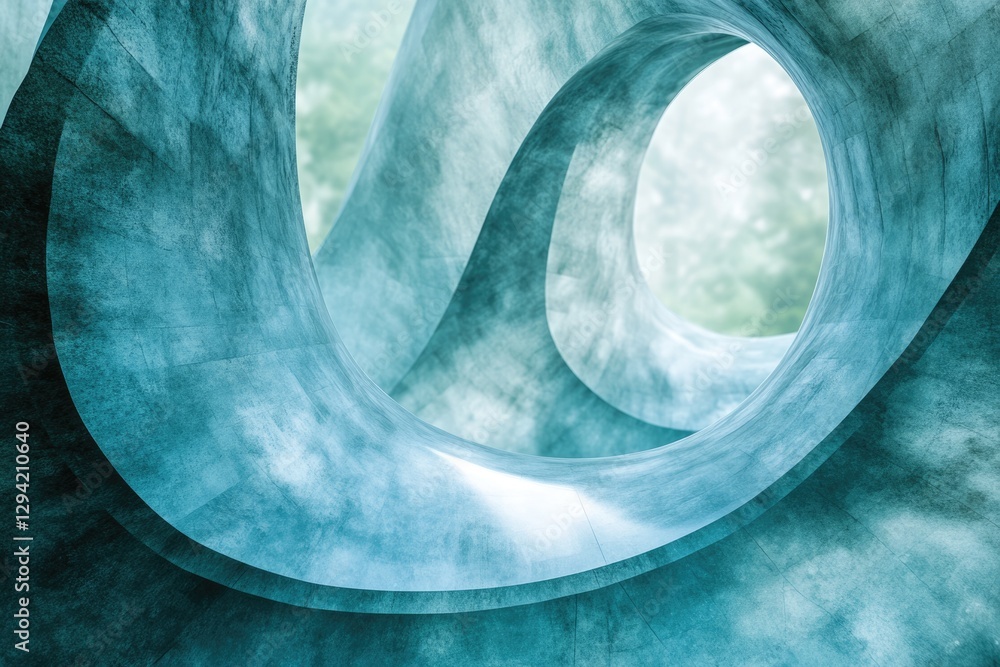 Poster abstract teal concrete architecture with curving walls and a glimpse of nature through an opening.