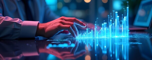 A high tech hand analyzing glowing 3D charts on a reflective digital surface futuristic office blue and purple neon glow modern design.