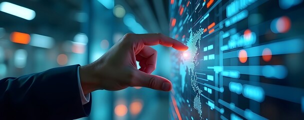 A high tech hand in a sleek lab interacting with a holographic interface showing financial trends glowing visuals cyberpunk style.