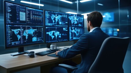 Fototapeta premium Business Professional Analyzing Data on Multiple Computer Monitors in Modern Office Environment