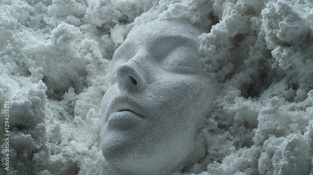 Poster captivating art of a serene face emerging from ethereal clouds of white texture and soft light in ar