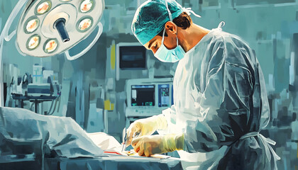 illustration of a male surgeon in a protective nylon coat with headwear and gloves performing a surgical medical procedure in a hospital