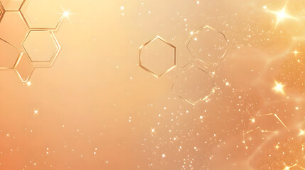 Background vector with hexagon shapes in a light peach color and golden lines
