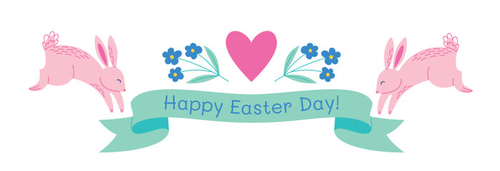 Happy Easter Day banner with cute pink rabbits. Vector illustration isolated on white background.