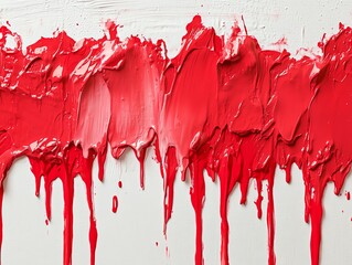 Red paint dripping, white canvas, dripping texture, smooth red color flow, dynamic splashes, clean background, vibrant artistic effect, creative paint composition