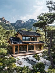 Fototapeta premium A traditional Korean home set in a beautiful scenic landscape