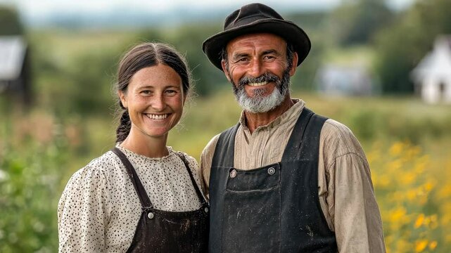 smiling man and woman farmers on farm background, family, household, spouses, traditional amish settlement, retirement lifestyle