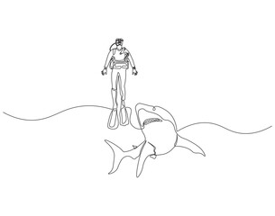 Continuous one line drawing of scuba diver diving with shark. One line drawing illustration of scuba diver swim with shark. Diving with marine animal concept single line. Editable outline