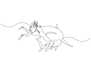 Continuous one line drawing of scuba diver diving with shark. One line drawing illustration of scuba diver swim with shark. Diving with marine animal concept single line. Editable outline