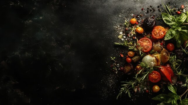 Creative Flat Lay of Roasted Vegetables with Rosemary