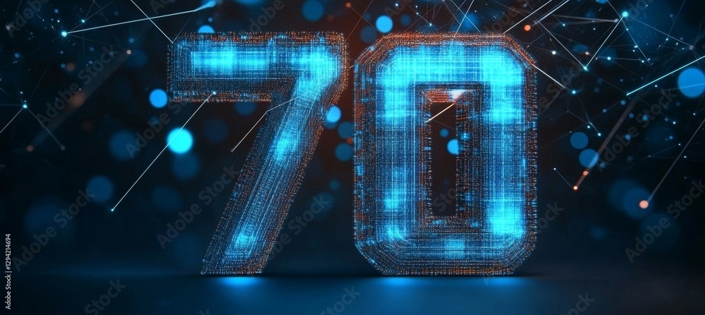 Aufkleber 3d rendered glowing digital number 70 on a futuristic abstract background with lines and lights