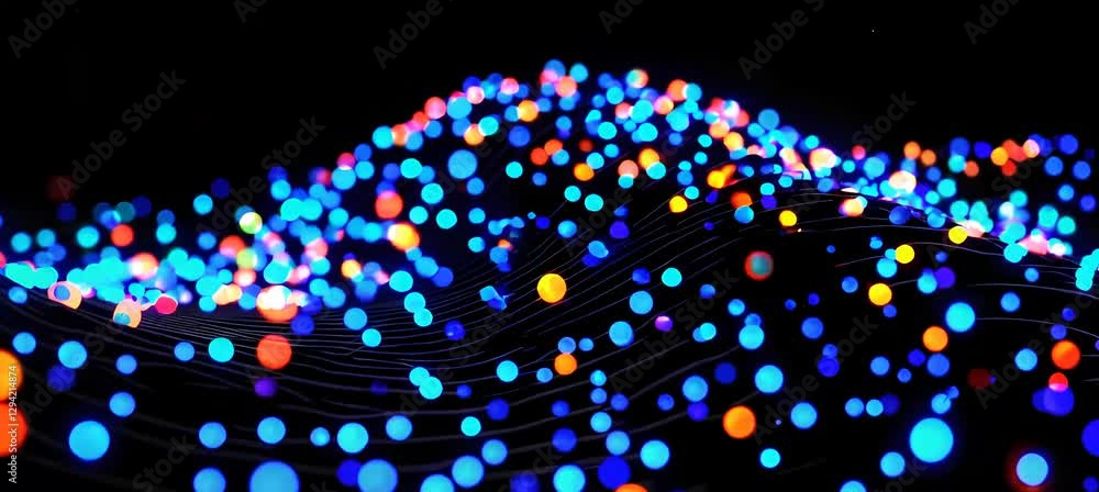 Poster vibrant led light balls create dynamic wave patterns against dark background