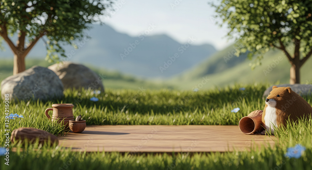 Poster a vast, open field with a tree in the foreground and a sun in the background. the grass is dry and b