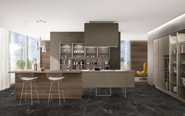 3D Render of Modern Kitchen Interior with Stylish Bar Seating and Sleek Design Elements