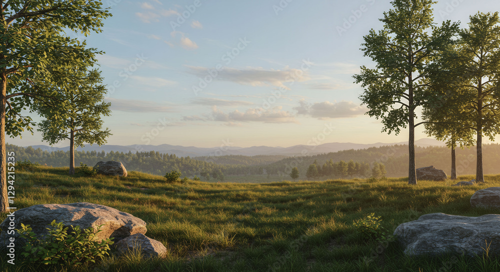 Poster a vast, open field with a tree in the foreground and a sun in the background. the grass is dry and b
