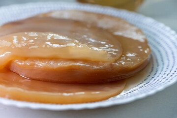 A closeup image of a translucent Kombucha SCOBY, showcasing its layered texture and fermentation process