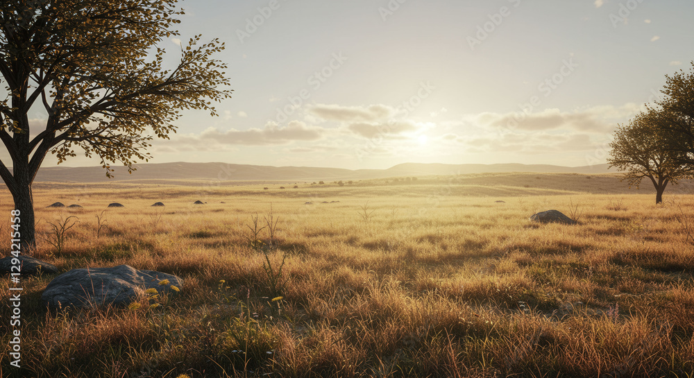 Poster a vast, open field with a tree in the foreground and a sun in the background. the grass is dry and b