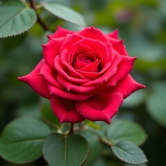 Stunning Red Rose in Full Bloom with Lush Green Leaves