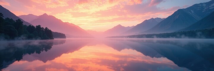 Fototapeta premium Misty dawn, tranquil lake mirroring distant peaks, wilderness, wild