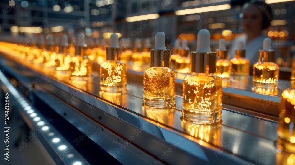 Aufkleber row of elegant serum bottles filled with golden liquid moving down a factory production line in a we