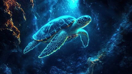 Obraz premium Luminous Sea Turtle: A Neon Oceanic Dream