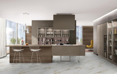 3D Render of a Modern Kitchen with Elegant Design and Natural Lighting