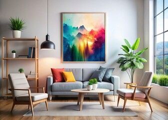 Modern Living Room Interior with Double Exposure Poster Mockup - Art Decoration Frame